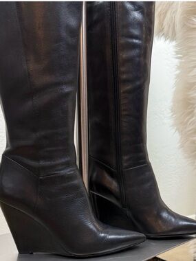Nine West Black Leather Knee-High Wedge Boots